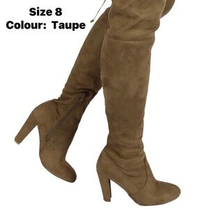 Taupe Knee High Pullon Boot 3.75” Block Heel Round Toe Wide Calf FIT Regular FIT